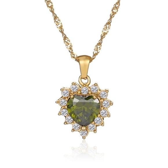 18K Gold Plated Green Cubic Zirconia Heart Pendant Necklace - Picture 6 of 8